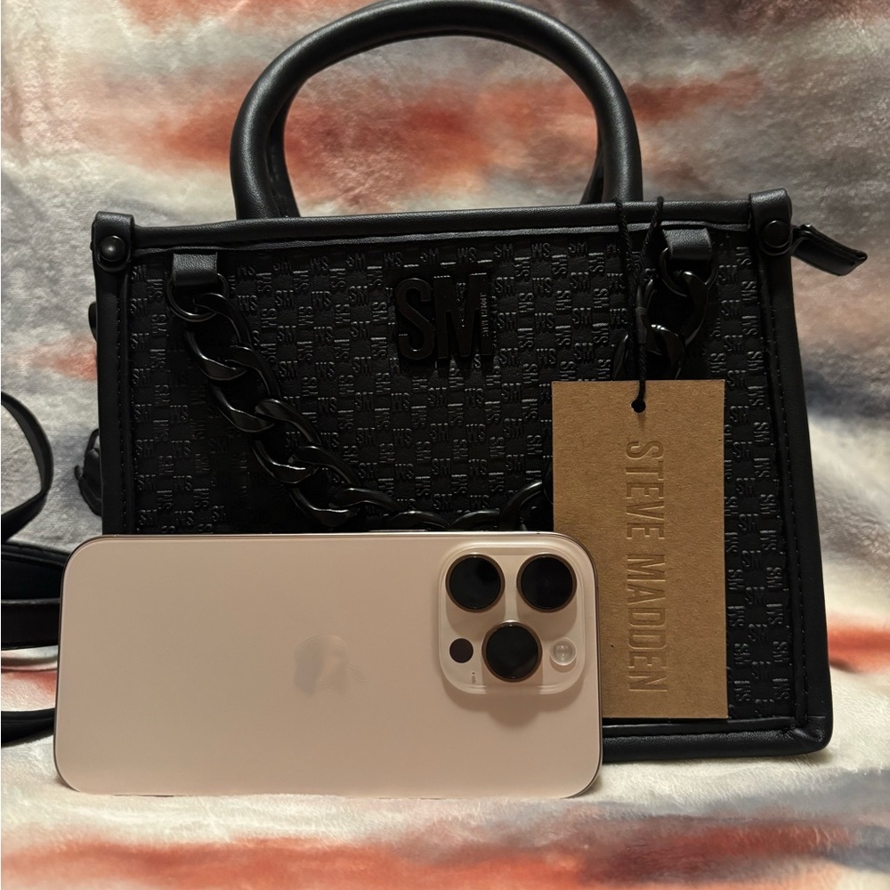 Steve Madden Black Textured Mini Satchel with Chain Strap - Picture 7 of 8